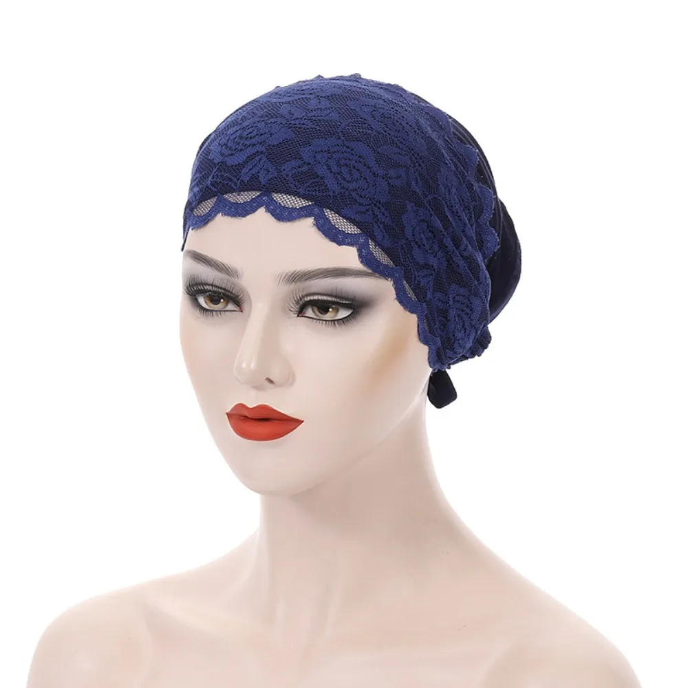 

Fashion Elegant Turban Hat Solid Color Breathable Hijab Cap Tie Straps Elastic Beanie Bonnet Female Head Covering
