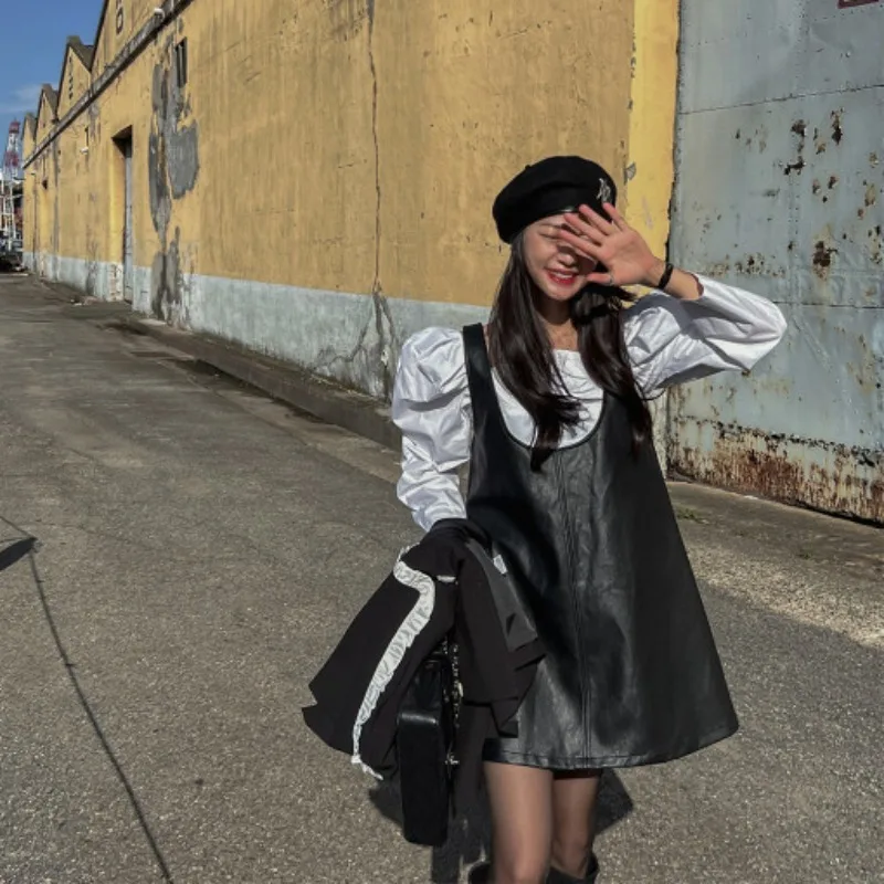 

Korean Fashion 2025 Early Spring New Style Versatile PU Leather Dress Women's Strap Short Dress Female Clothing
