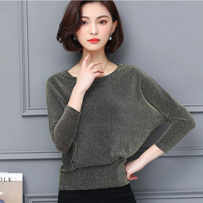 #1662 Spring Autumn Bright Silk Mesh T Shirt Women Batwing Sleeve Loose Short T Shirt Female Office Elegant Womens Tee Shirts