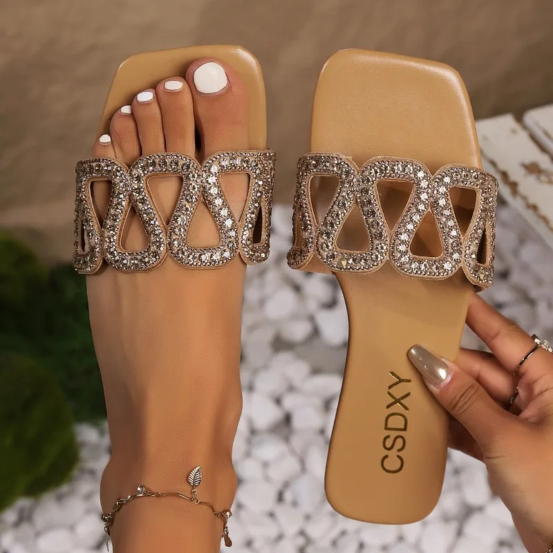 Slipper Women's Luxury Design Womens Rhinestone Summer Flat Outdoor Fashion Ladies Slippers Casual Party Beach Flip Flops