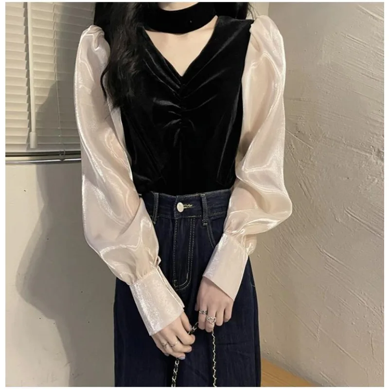 Camicia a maniche lunghe con scollo a V e scollo all'americana in velluto da donna Top a maniche lunghe autunno inverno