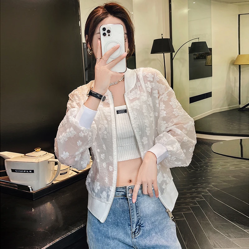 

Jacket Women 2022 Spring and Summer New Thin Jacquard Baseball Uniform Loose Short Coat Zipper Cardigan White Fashion Sunscreen