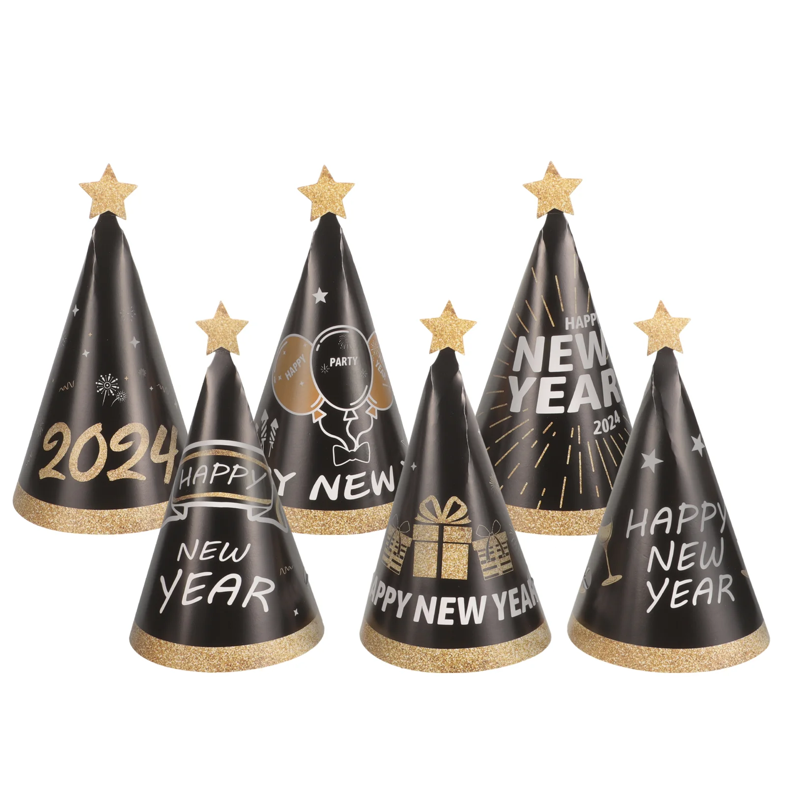 6 Pcs 2024 Happy New Year Themed Paper Hat Head Band Party Hats Decorations Cone for Adults Child