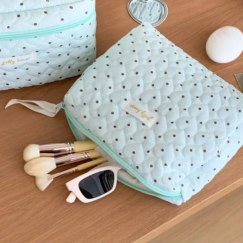 Korean Style Heart Quilted Makeup Case Sweet Dot Pattern Cosmetic Bag Portable Zipper Travel Wash Organizer For Women