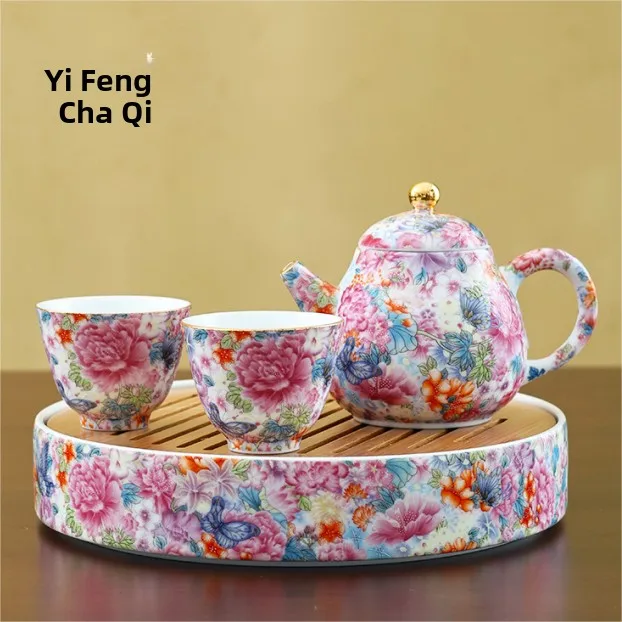High-End Ladies Home Use Ceramic Enamel Color Gongfu Tea Set Yulan Jade Porcelain Tea Pot Tea Cup Set Handmade Modern Style