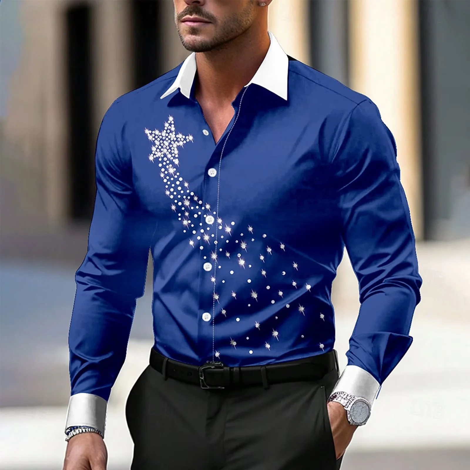 Men's fashionable button-up shirt with Christmas print collar, long-sleeved shirt suitable for holiday wear and gift giving