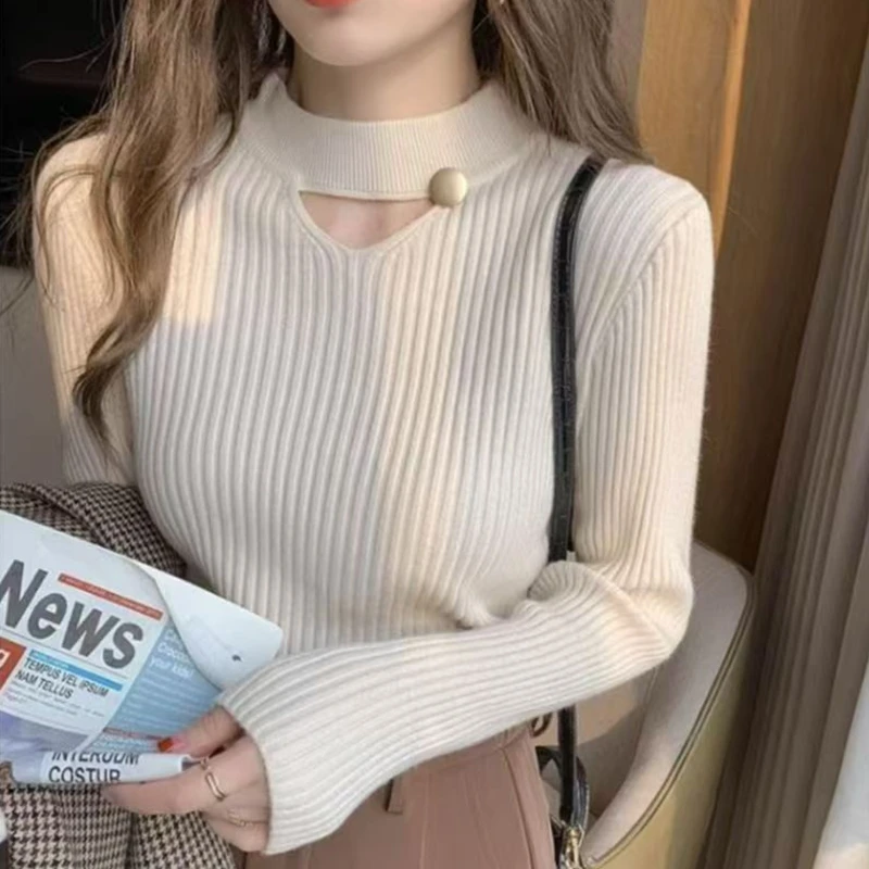 Suéter de mujer jersey Otoño Invierno manga larga hueco medio cuello alto moda delgada Color sólido trabajo fiesta suéter básico