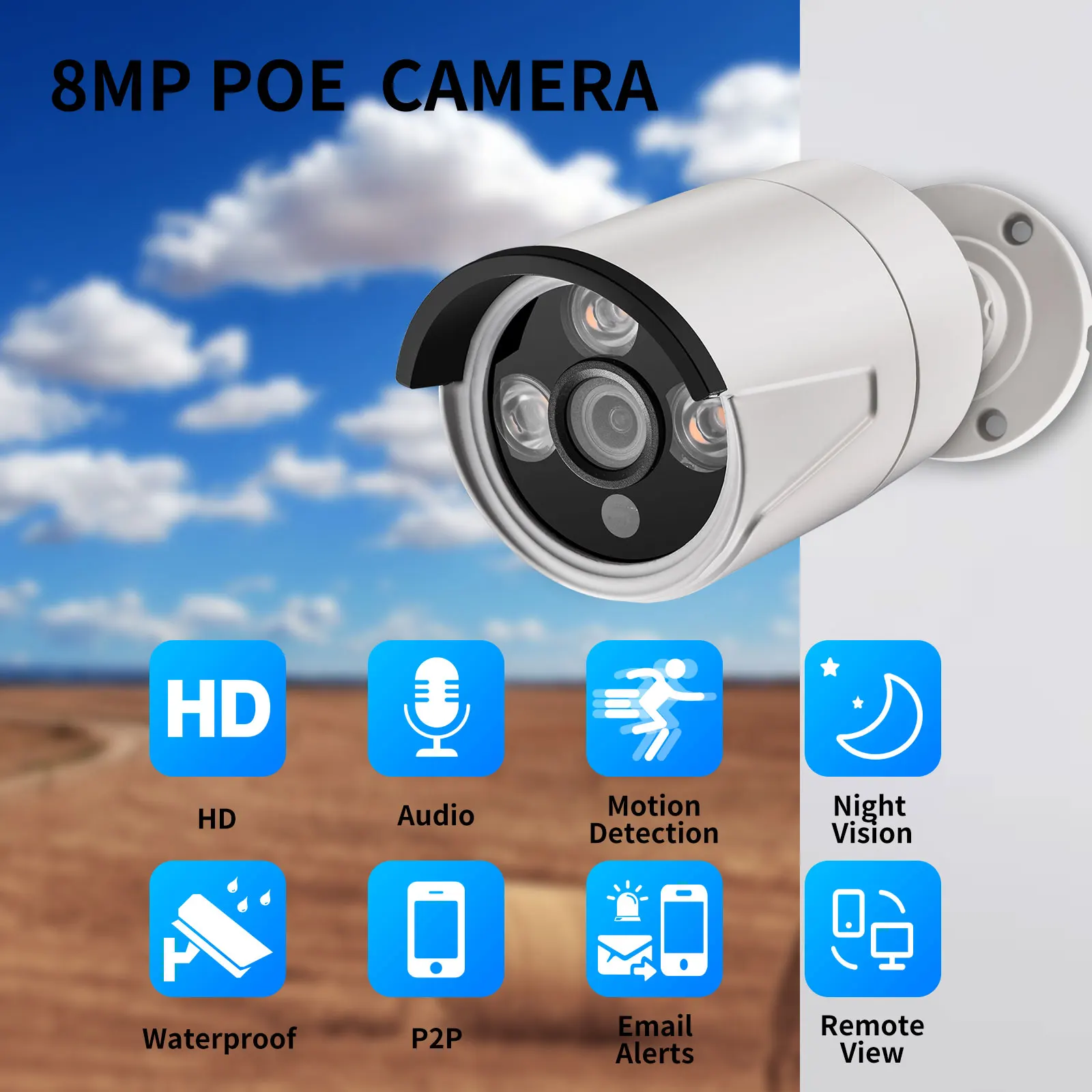 AZISHN – caméra de Surveillance Bullet IP POE H265 + 8MP (SONY IMX415), dispositif de sécurité sans fil, avec détection de mouvement, infrarouge