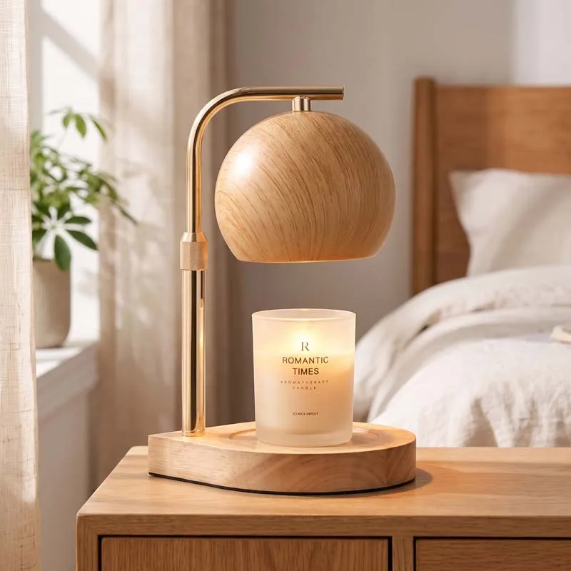 Nordic Minimalist Adjustable Height Flameless Dimmable Wood Grain Iron Shade Candle Warmer Lamp for Bedroom Home Decor 7