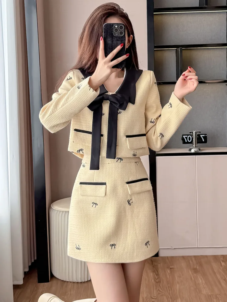 

High-end French Small Fragrance Tweed Two Piece Sets For Women Fashion Sweet Bow Jacket Coat + Mini Skirt 2 Piece Set Outfits