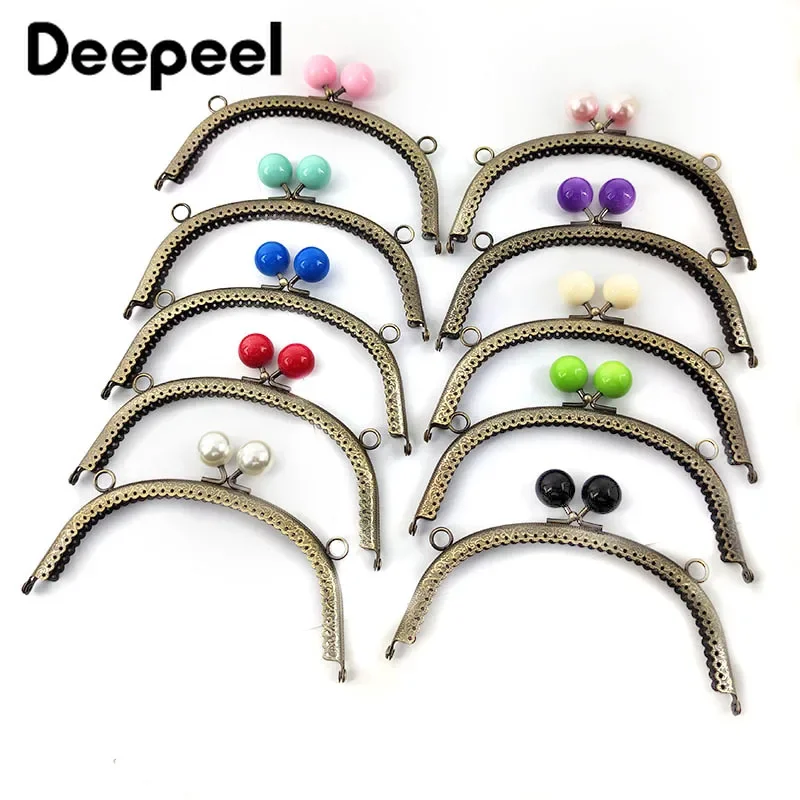 5Pcs Deepeel 16.5cm Colored Bead Metal Bag Handle DIY Handmade Sewing Brackets Kiss Clasp Purse Frame Handles for Making Bags