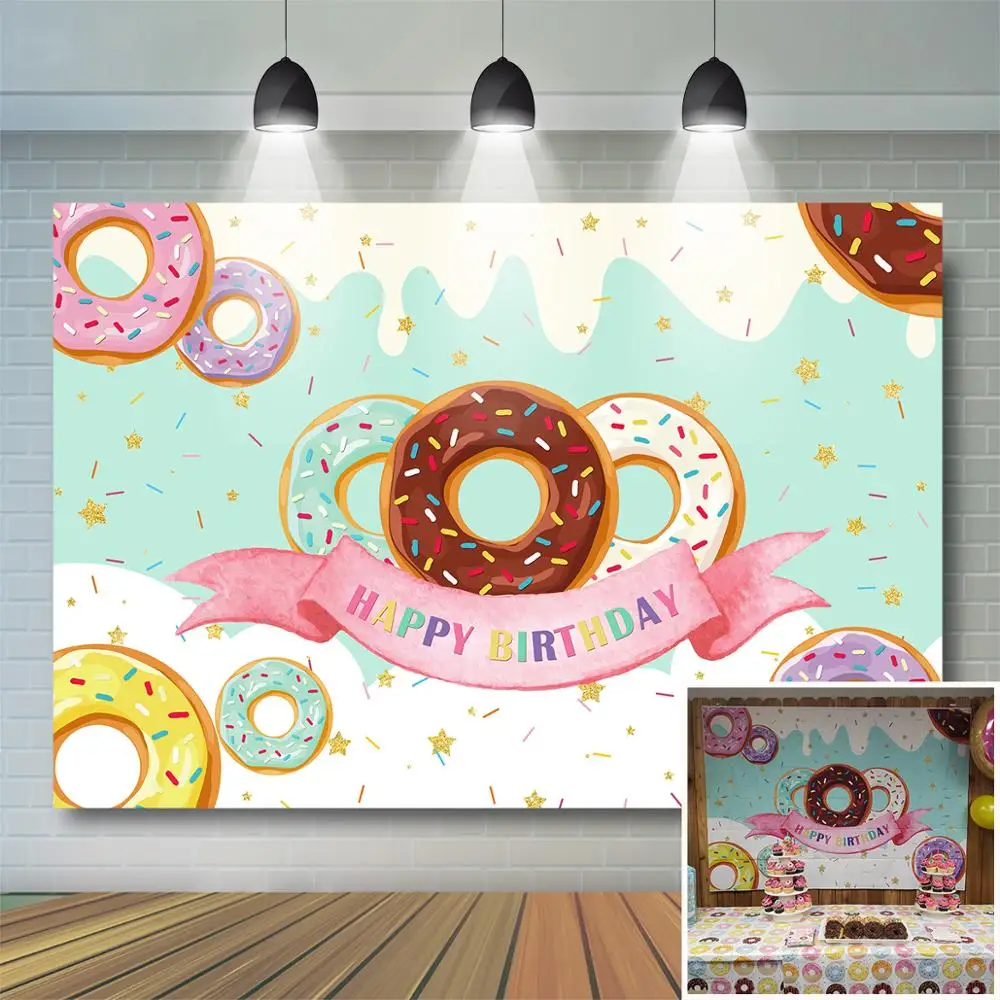 

Mocsicka Donut Backdrop Girls Donut Birthday Party Event Cake Table Banner Sweet Girl Donut Grow Up Party Background Supplies