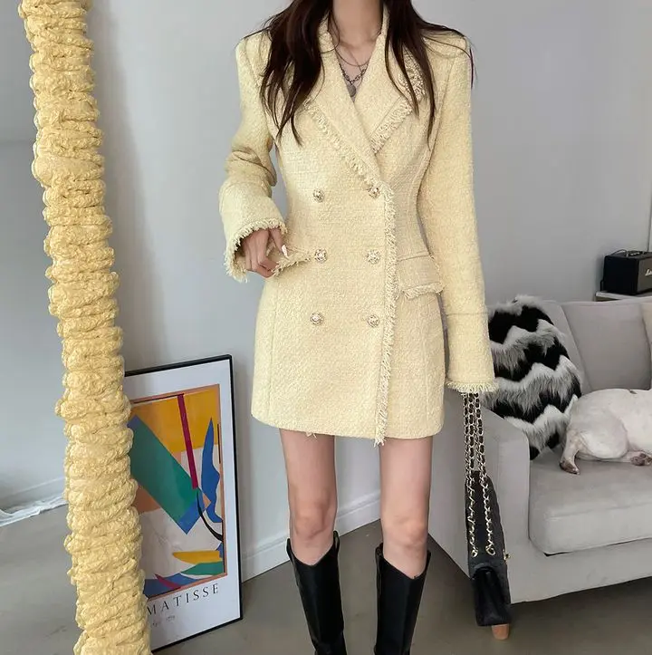 Tassels Pocket Bouble-Breasted Women Long Tweed Suit Dress Coat Long Sleeve Winter 2022 New Elegant Fashion Vintage Lady Jacket