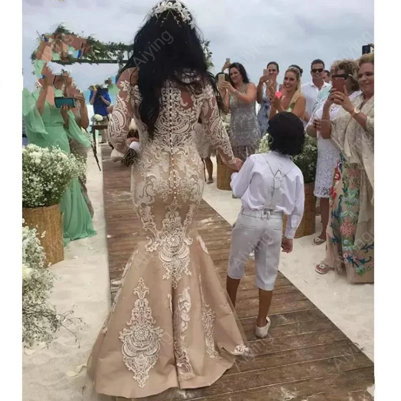 Vestidos De novia champán De sirena con apliques De encaje y cuello en V personalizados, batas De boda De playa africanas con tren De barrido