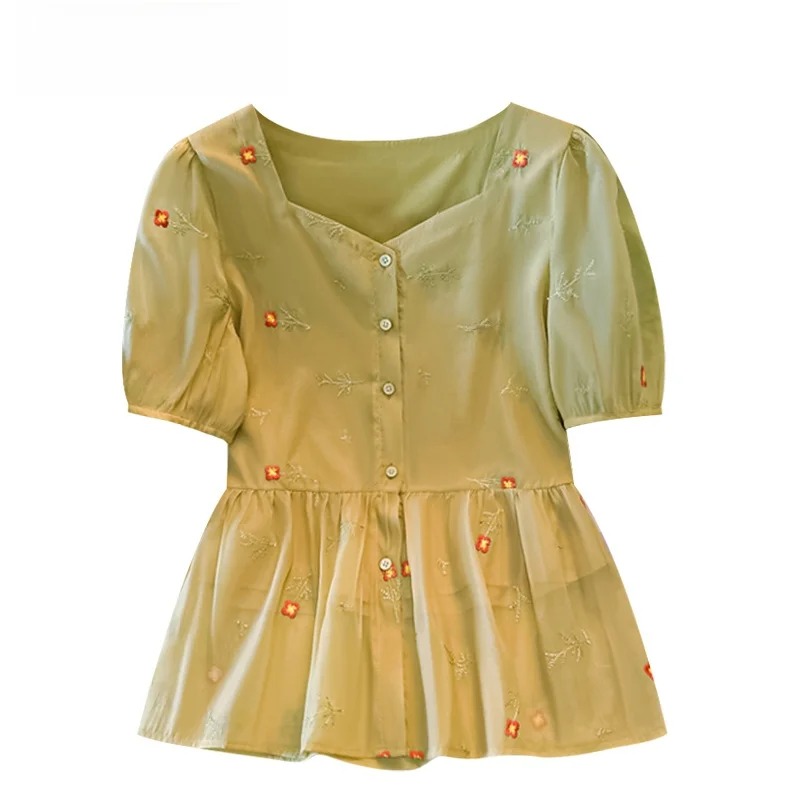 

CaraCLUB Stylish Large Size Women's Shirt Square Collar Short Sleeve Summer Slimming Top Trendy Sweet Style Embroidered Chiffon