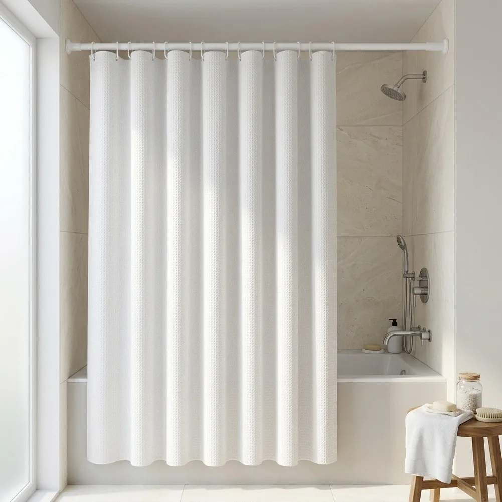 Dense Polyester Waffle Shower Curtain with Non-Plastic Feel and Dimensional Texture for Contemporary Bathroom Spaces