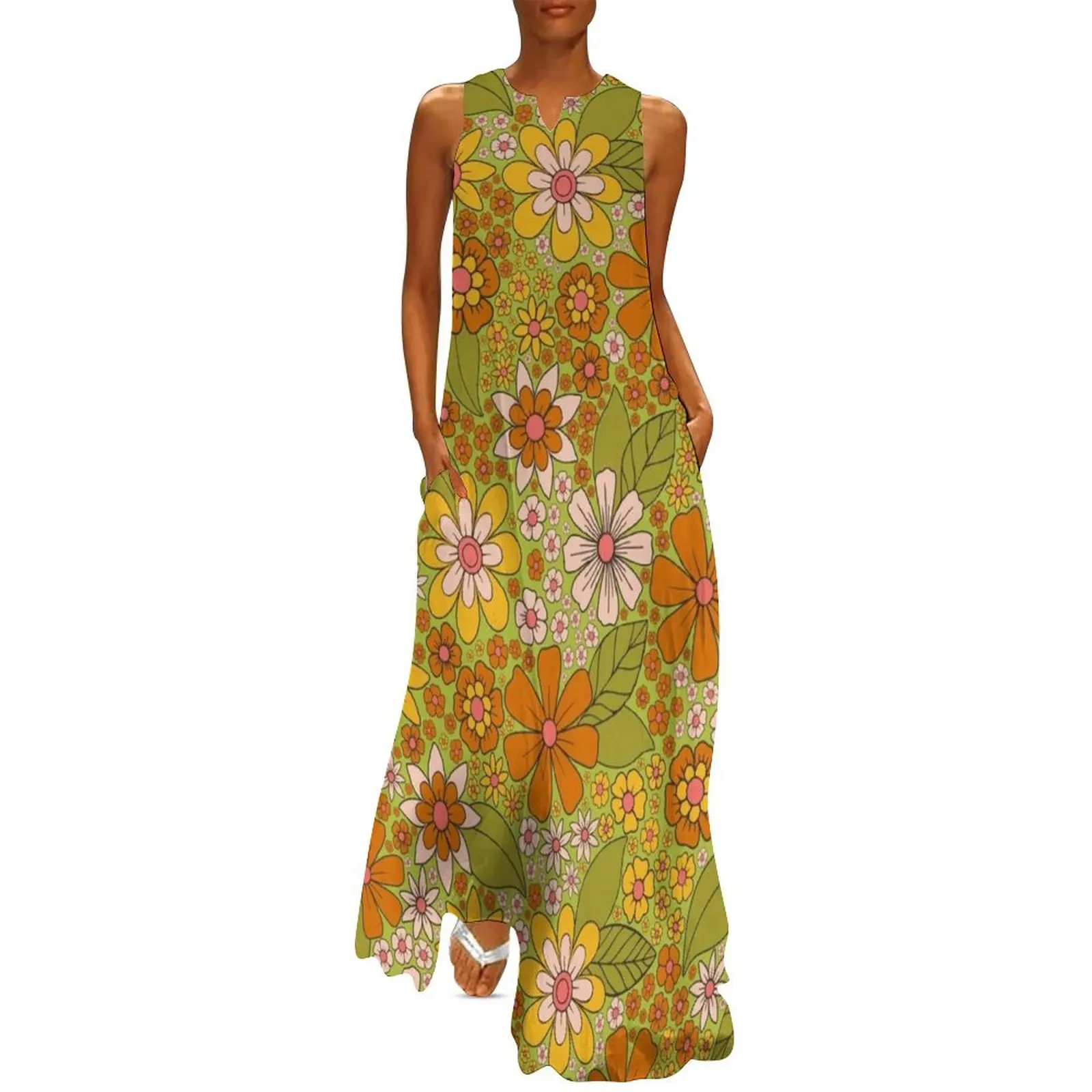 1960s, 1970s Retro Floral in Green, Pink & Orange - Flower Power Long Dress evening dresses ladies Summer women's clothing Dress