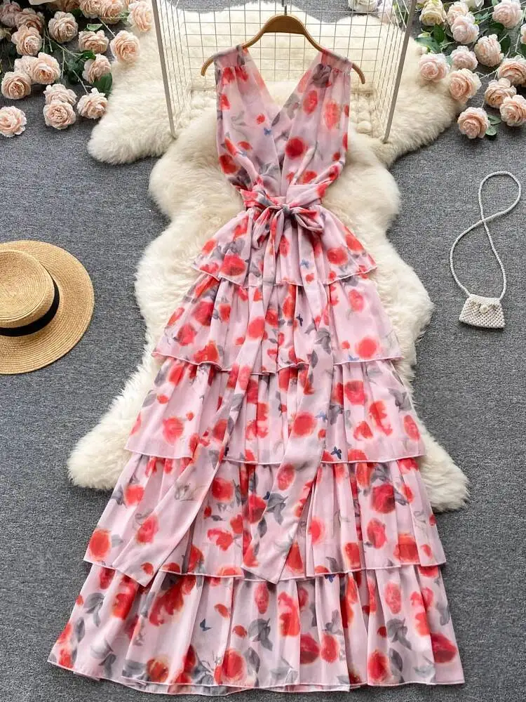 Mulheres sexy sem costas vestido de praia verão pintura a óleo impresso com decote em v chiffon vestidos longos senhoras magro a linha camada longo robe