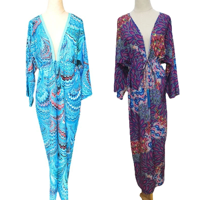 Women Long Sleeve Kimono Cardigan Colorful Feather Print Tie Waist Beach Blouse