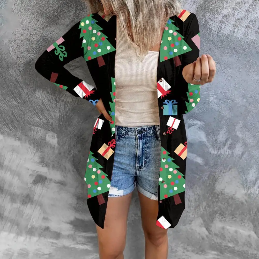 Christmas Print Women Mid-length Jacket Long Sleeve Cardigan Loose Open Front Long Cardigan Coat Christmas Women Spring Coat