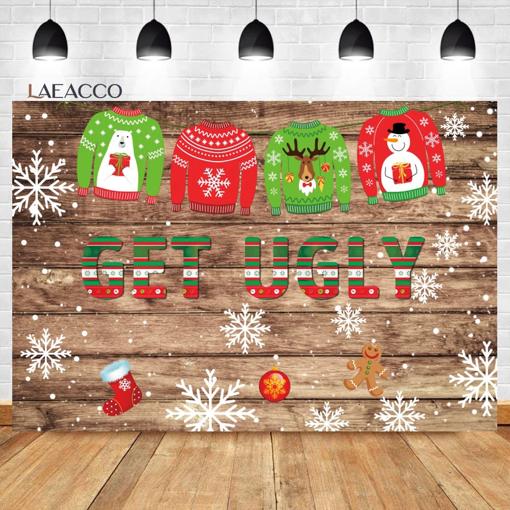 Laeacco คริสต์มาสน่าเกลียดเสื้อกันหนาว Party Photocall สีดำพื้นหลังหิมะ Baby ภาพโปสเตอร์ที่กำหนดเองการถ่ายภาพฉากหลัง