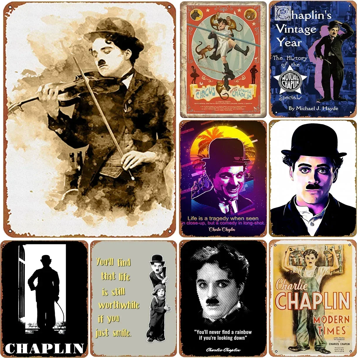 Plaques Métalliques Vintage de Comédie, Affiches Murales Charlie Chaplin, Décoration Murale en Fer pour Théâtre, Maison, Café, Salon