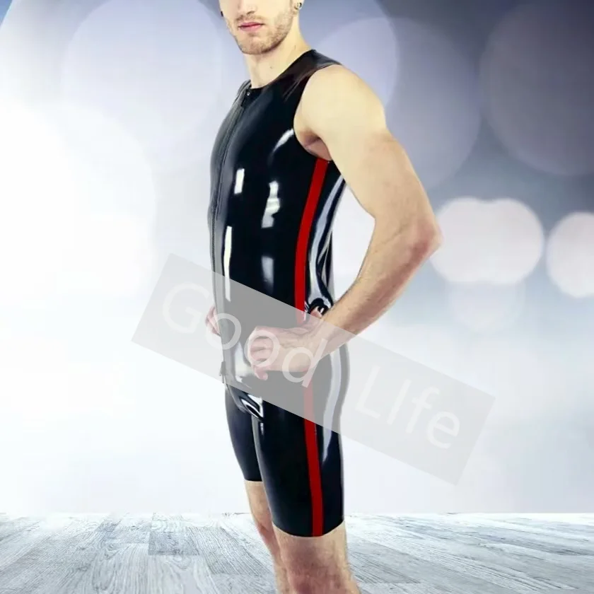 

Gummi Latex Surf Suit Sexy Rubber Bodysuits Half Pants With Red Side Trim Men’s Tight Fetish Jumpsuit Front to Crotch Zip