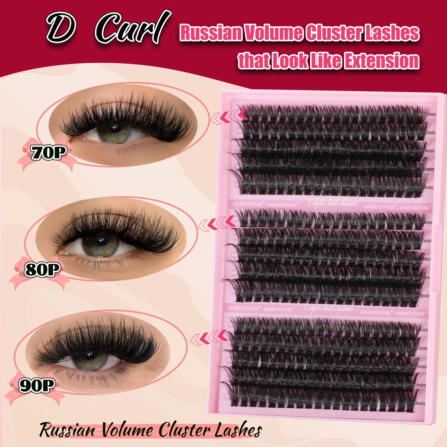 DIY Eyelash Extension Set 300 Pieces Single Eyelash Cluster D Curly Eyelash Extension Set Eyelash Cluster with Eyelash Adhesive and Sealing and Eyelash Application Tool for Self-Application (Kit, 70D+80D+90D-9-16Mix)