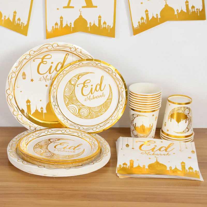 Eid Mubarak Party Tableware Set Gold Disposable Plate Cup Napkins Banner 2024 Islamic Muslim Supplies Ramadan Kareem Decorations