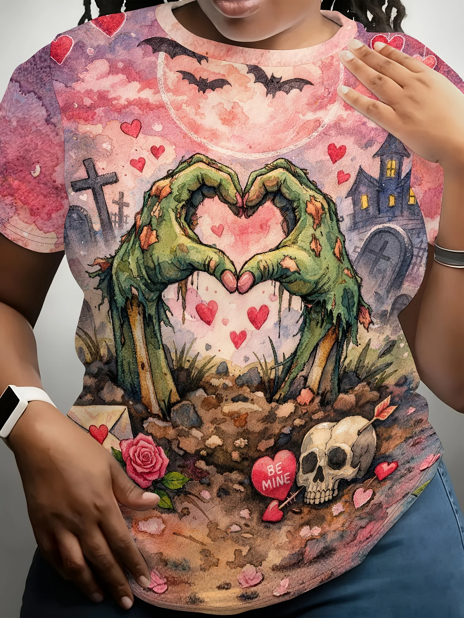 Women T‑shirt Short Sleeve Halloween Zombie Hand Heart Skull Rose Bat Haunted House Print Crew Neck Casual Summer Tee Top