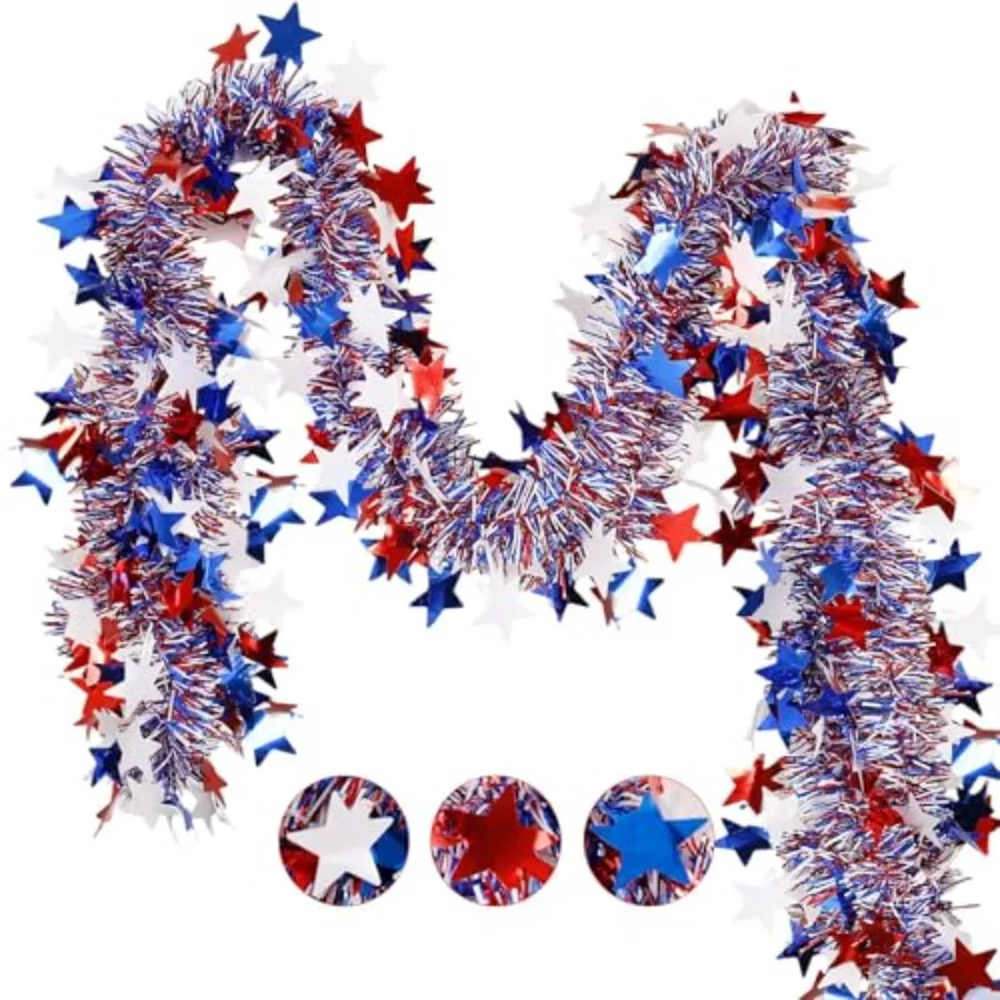 

2PCS Total 66Ft 4th of July Garland Decorations, 250th Anniversary of the USA Glitter Tinsel Star Patriotic Decor for Tree Car