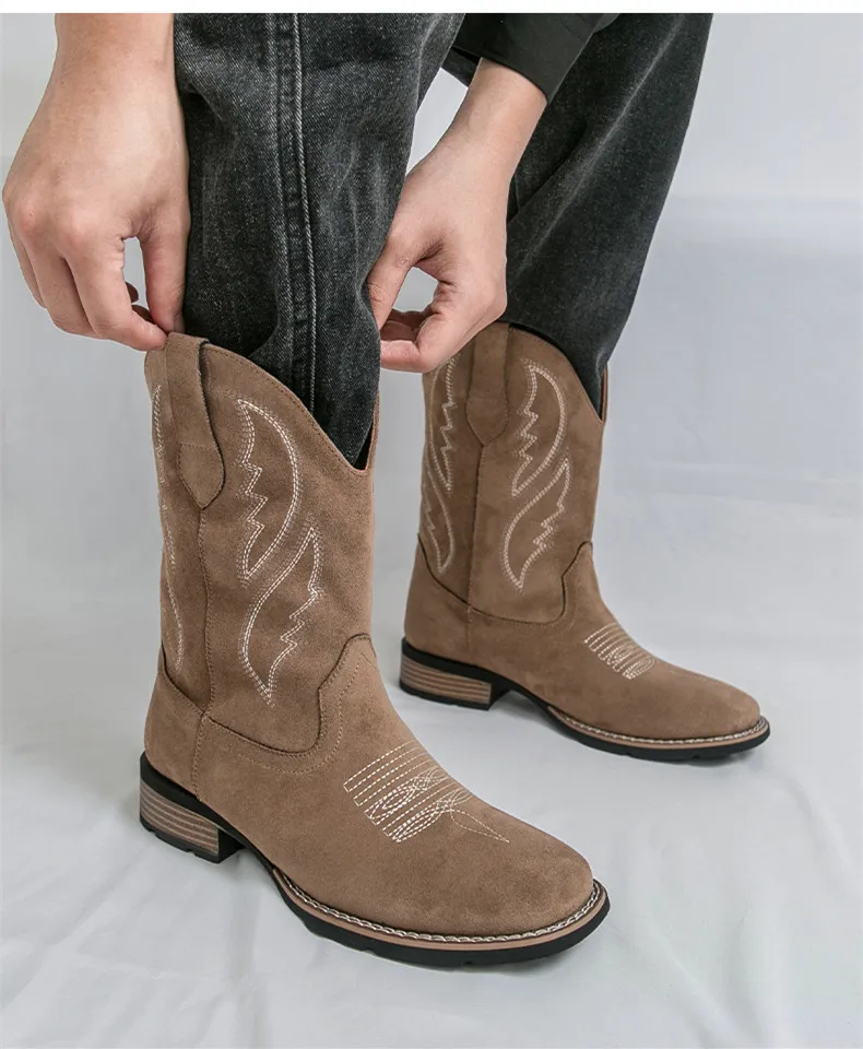Neue Western Herren Cowboy Stiefel Vintage Mid-kalb Motorrad Stiefel Mode Wildleder Leder herren Stiefel Outdoor Casual Reitstiefel – Detail 15