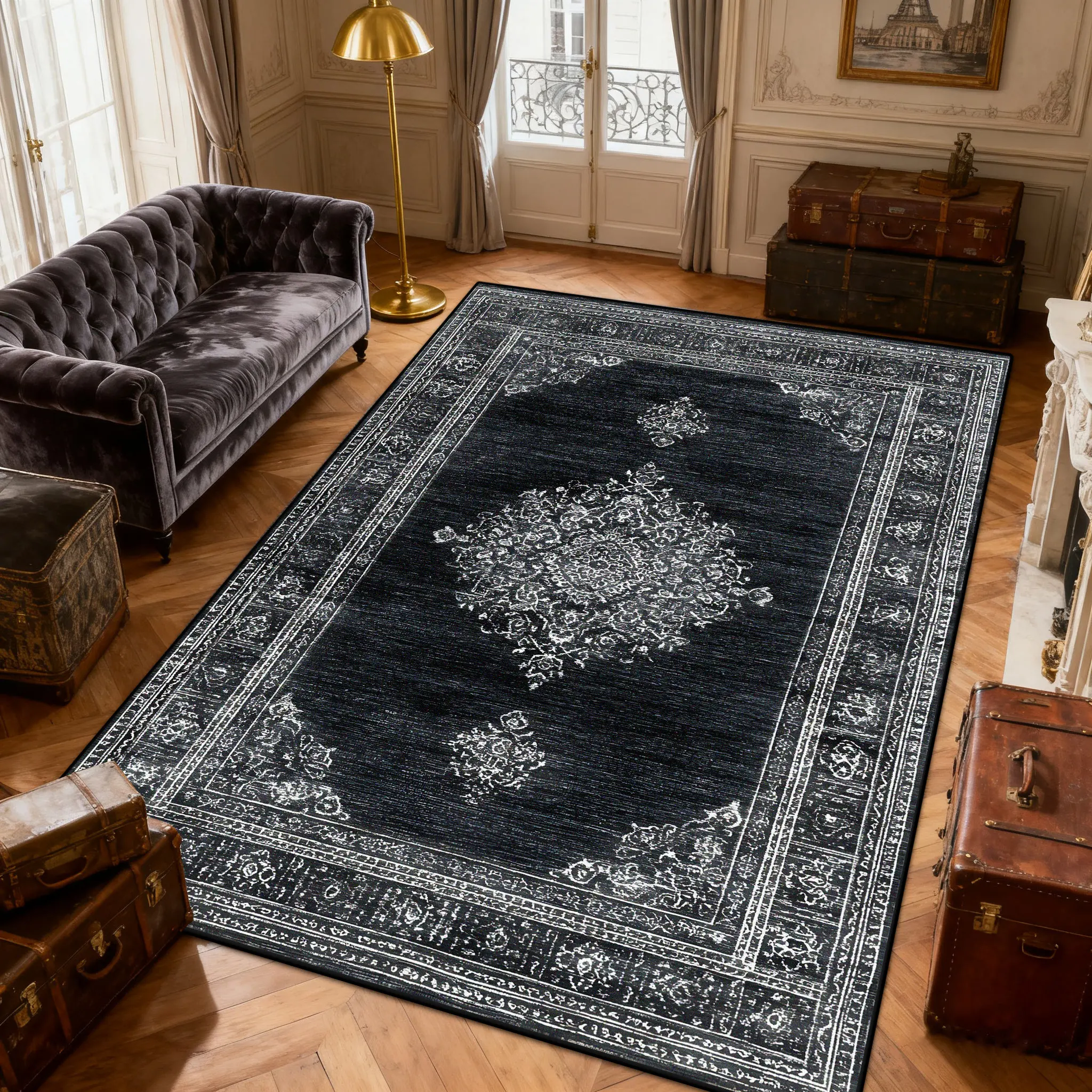 

Persian Dark toned Retro Antiskid Living Room Rug Home Decoration Luxury Fluffy Carpet Easy Clean Short Velvet Bedside Floor Mat