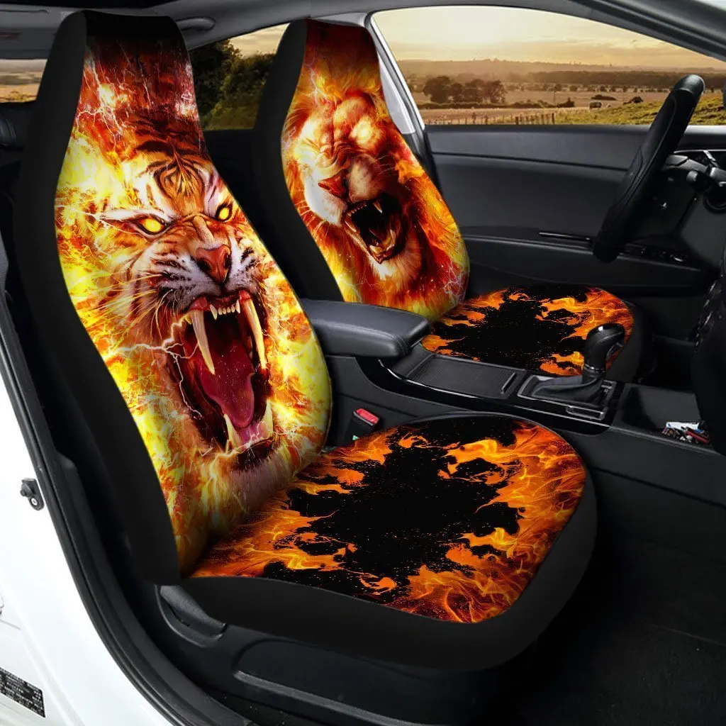 

Burning Lion And Tiger Car Seat Covers Custom Cool Car Interior Accessories,Pack of 2 Universal Front Seat Protective Cover