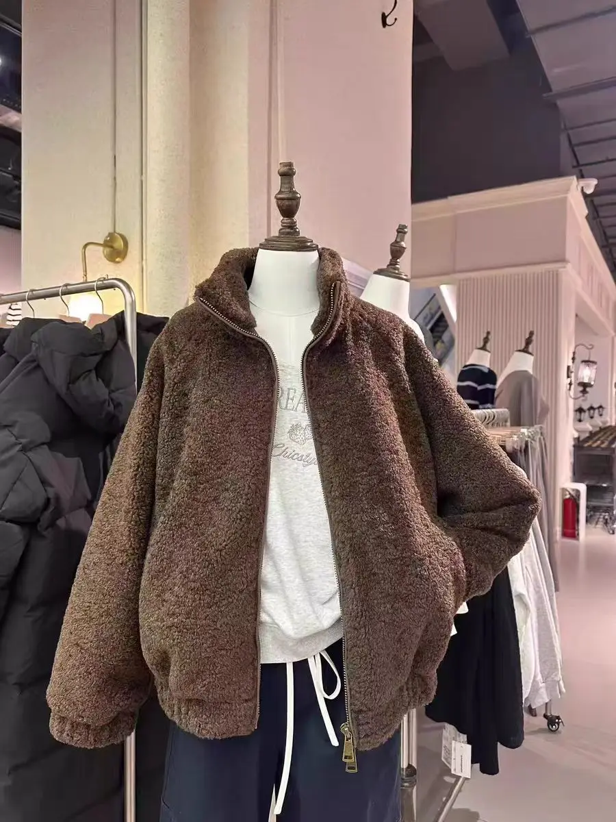 

Retro American Style Brown Lamb Fur Jacket Women's Versatile INS Coat Straight Tube Type Long Sleeve Zipper Pure Color