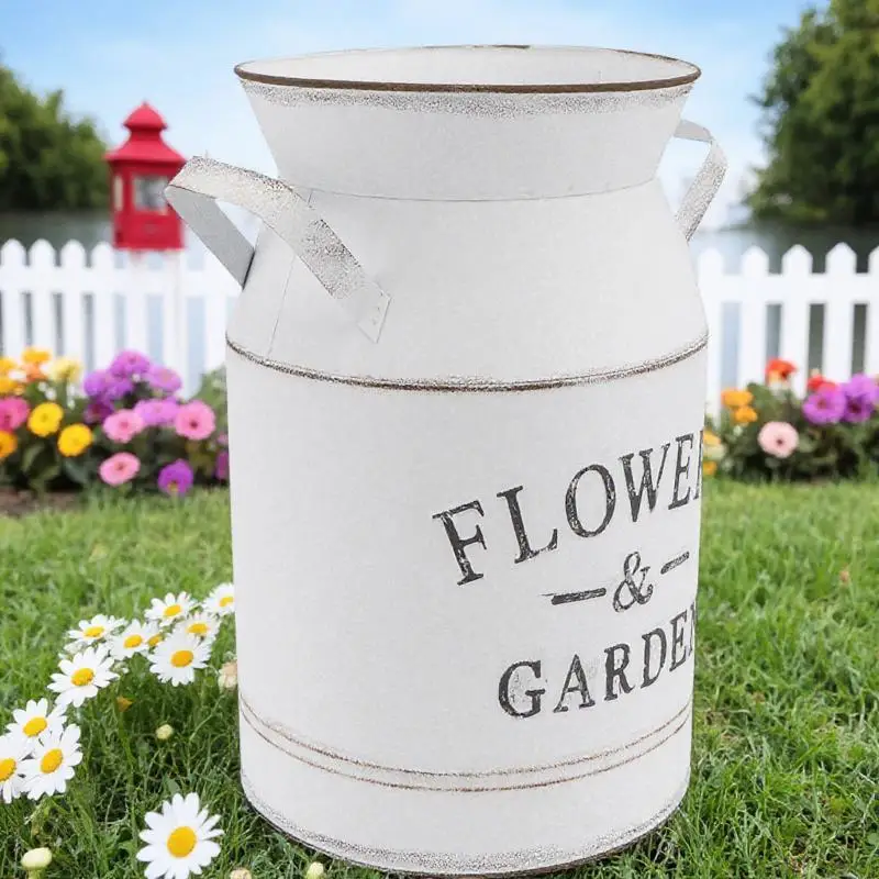 1Pcs Metal Flower Vase Galvanized Sheet Retro Letters Pattern White Large Decorative Flower Arrangement Pot for Living Room