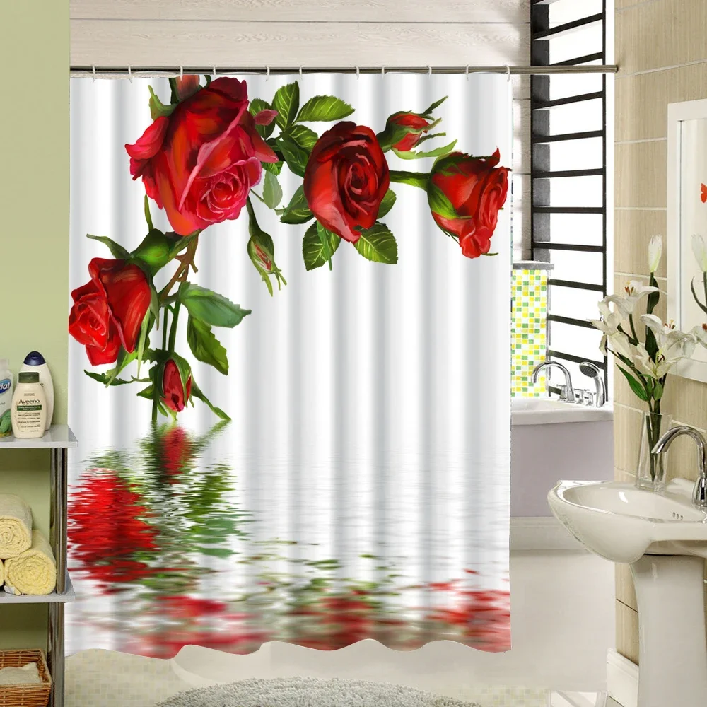 Open Red Rose In The Water Shower Curtain Frabic Waterproof Polyester Home Decoration Bathroom Curtains with Hooks