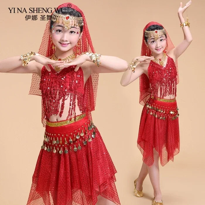 Crianças trajes de dança do ventre 2 pçs conjunto dança oriental menina dança do ventre índia bollywood roupas topo e saia para meninas dança wear