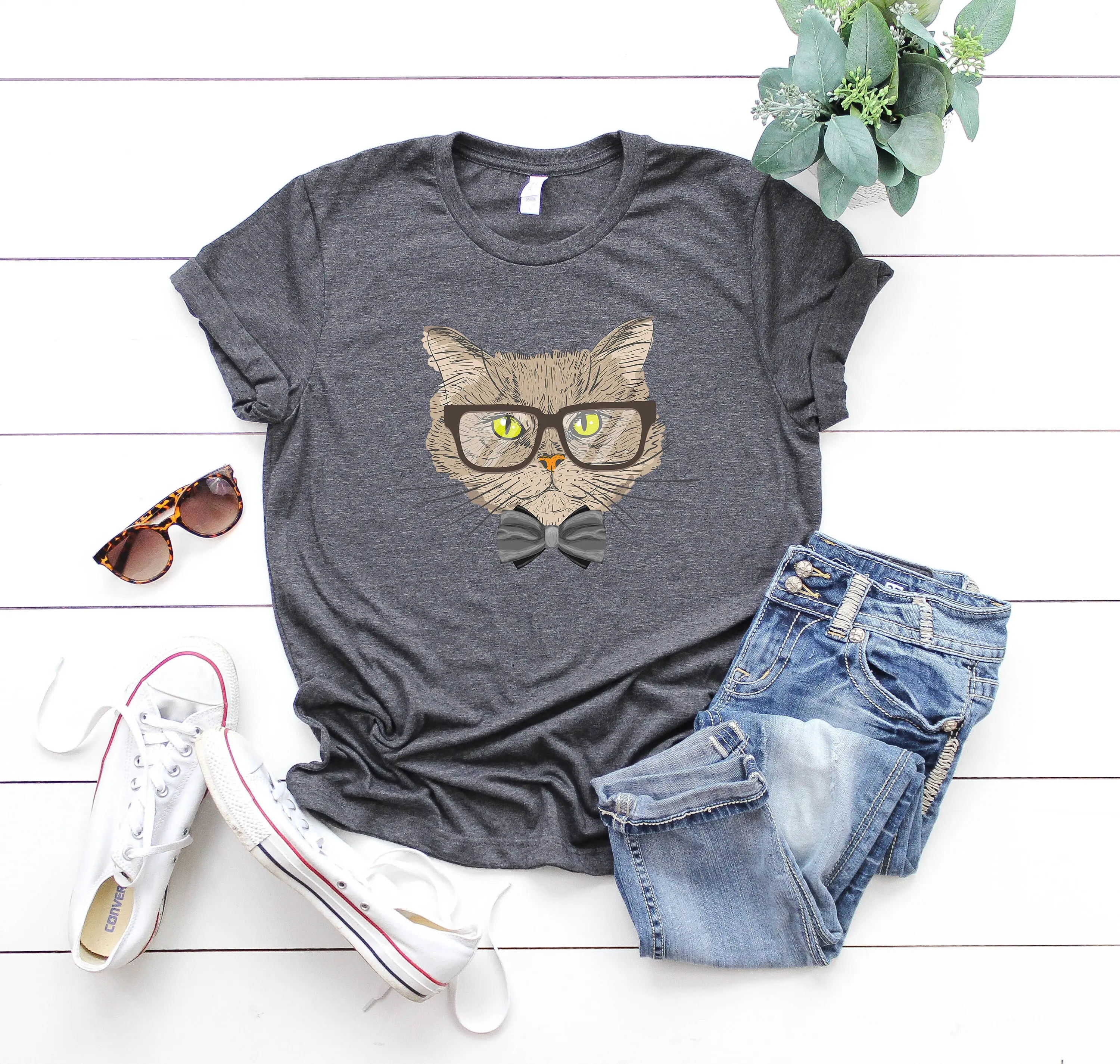 Nerd Cat T Shirt Smart W Glasses Funny Geek Hipster Lover Bow Tie