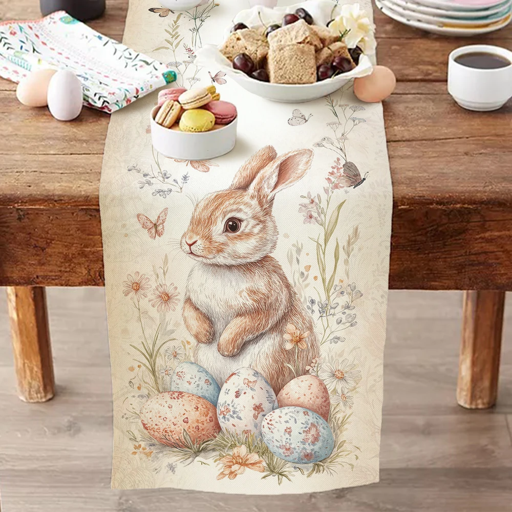 1pc Vintage Watercolor Easter Table Runner Spring Floral Bunny Easter Egg Pattern Tabletop Decor For Easter Party Home Decor