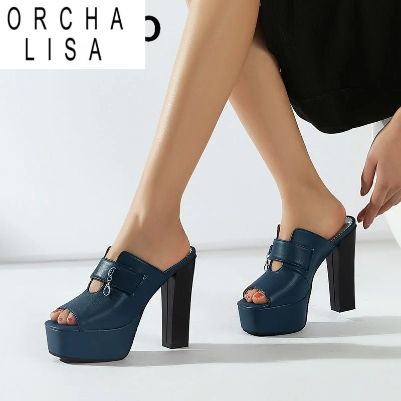 

ORCHA LISA Сексуальные повседневные женские сандалии с квадратным носком и блоком на высоком каблуке 12 см на платформе 4 см без шнуровки Мюли с металлическим украшением Большой размер 49 50