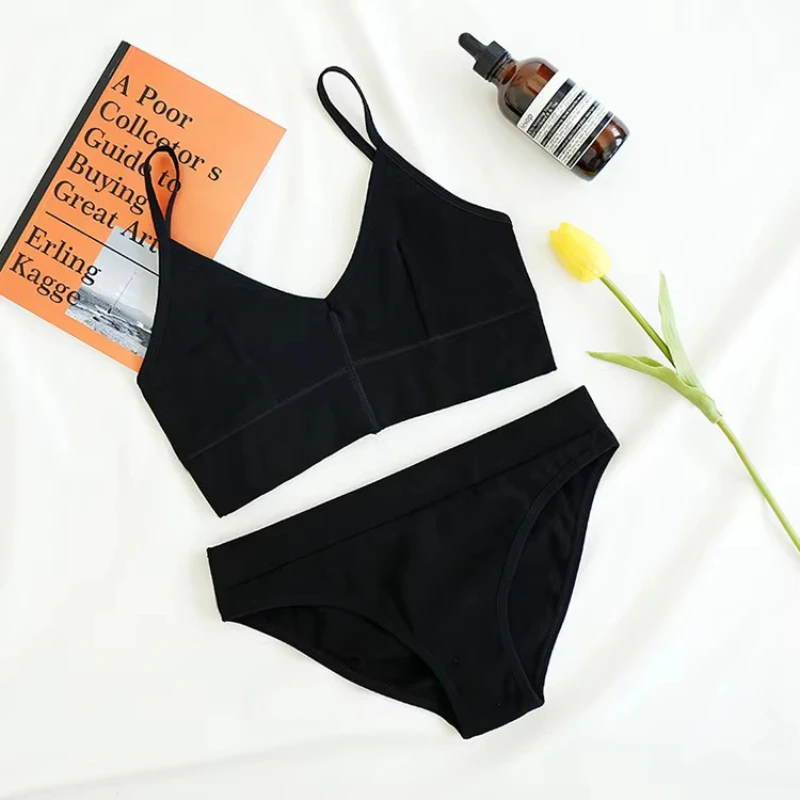 European American Fashion Sexy Spice Girl Solid Color Bra Suit Women's Thin Shoulder Strap Suspender Top Briefs Two-piece Suit view 2