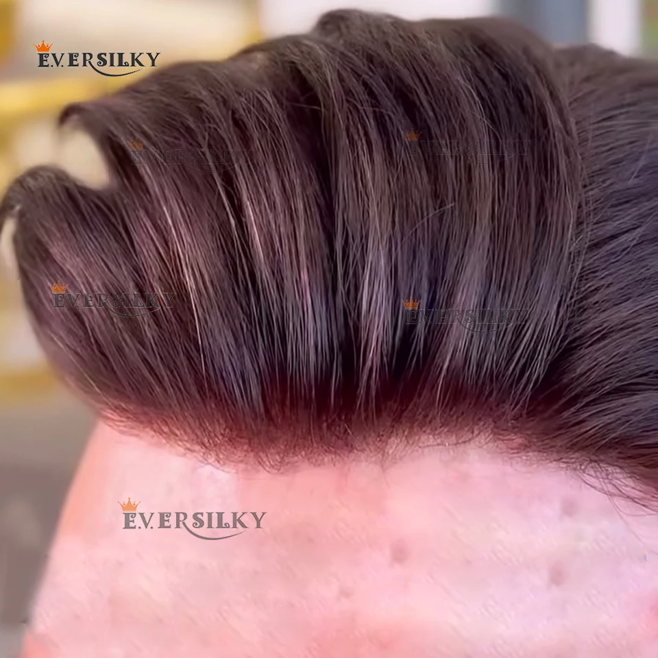 جودة عالية 0.1mm شعر مستعار للرجال رقيقة جدا كامل بو الشعر المستعار # 1B40 # 4 شعر بشري أوروبي 100% باللون البني والرمادي بعقدة مزدوجة بديلة #1