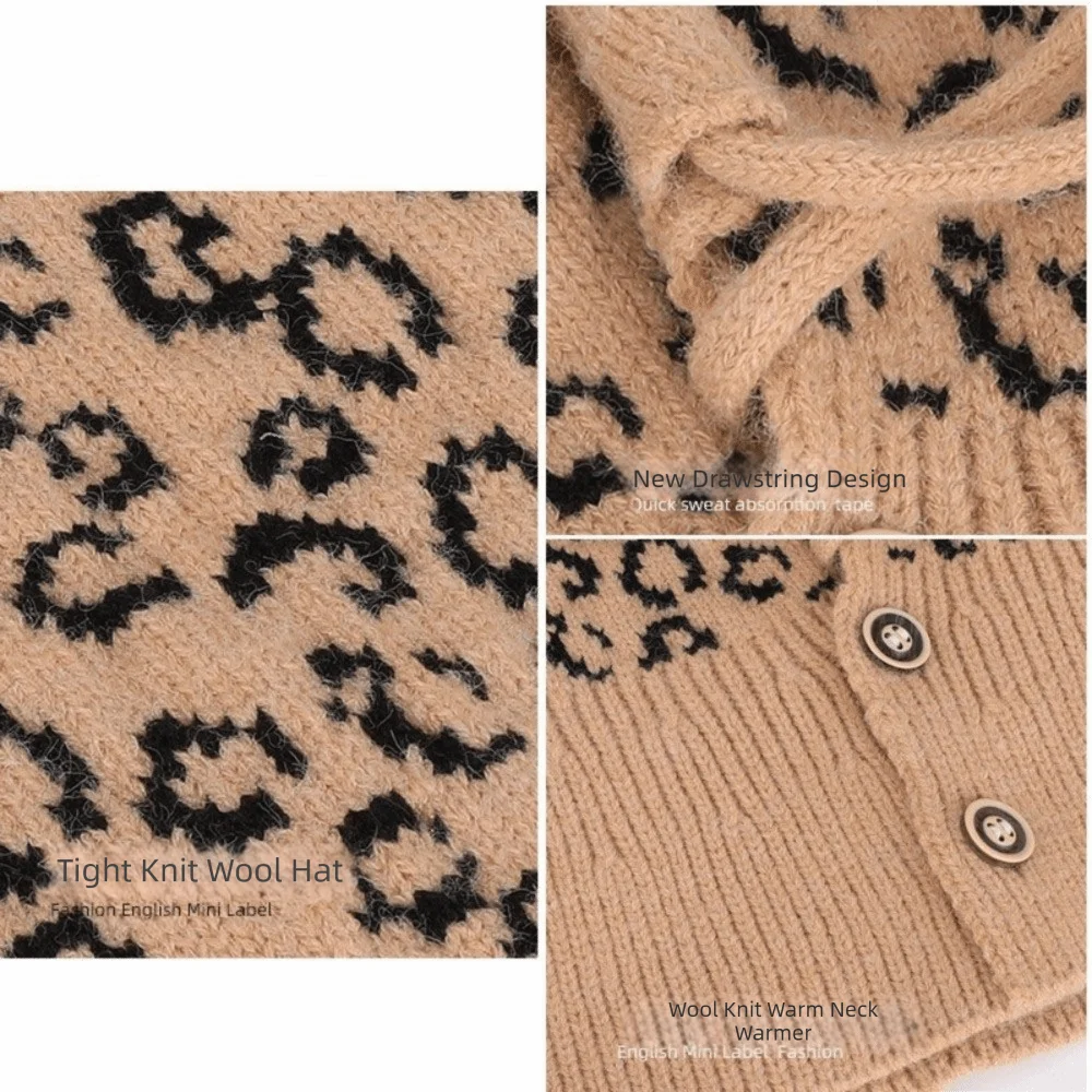 Fashion Leopard Print Balaclava Hat Warm Thickened Ear Protection Hat Beanie Pullover Hat Knitted Hooded Cap Female/Girls