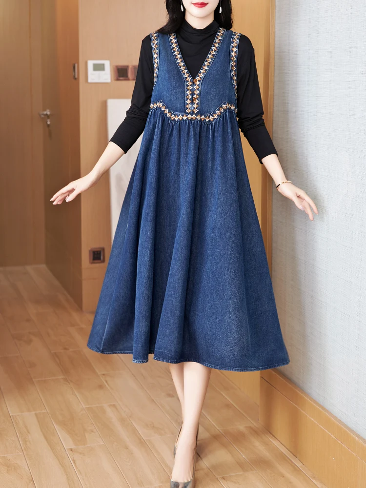 

TIYIHAILEY 2024 New Vintage V-Neck Women Long Mid-Calf Summer Denim M-XL Sleeveless Embroidery A-line Dress Chinese Style