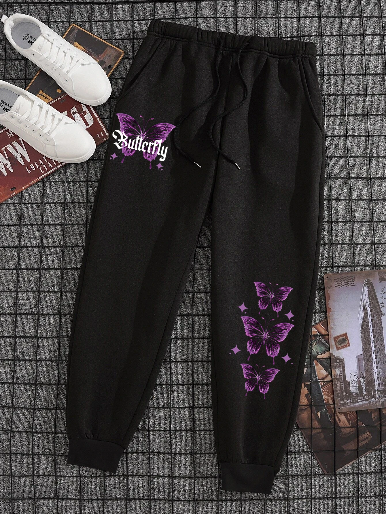Fashion Woman Sweatpants Purple Butterfly Printed Pants Elastic Waist Comfortable Warm Trousers Autumn Winter Female Sportswear