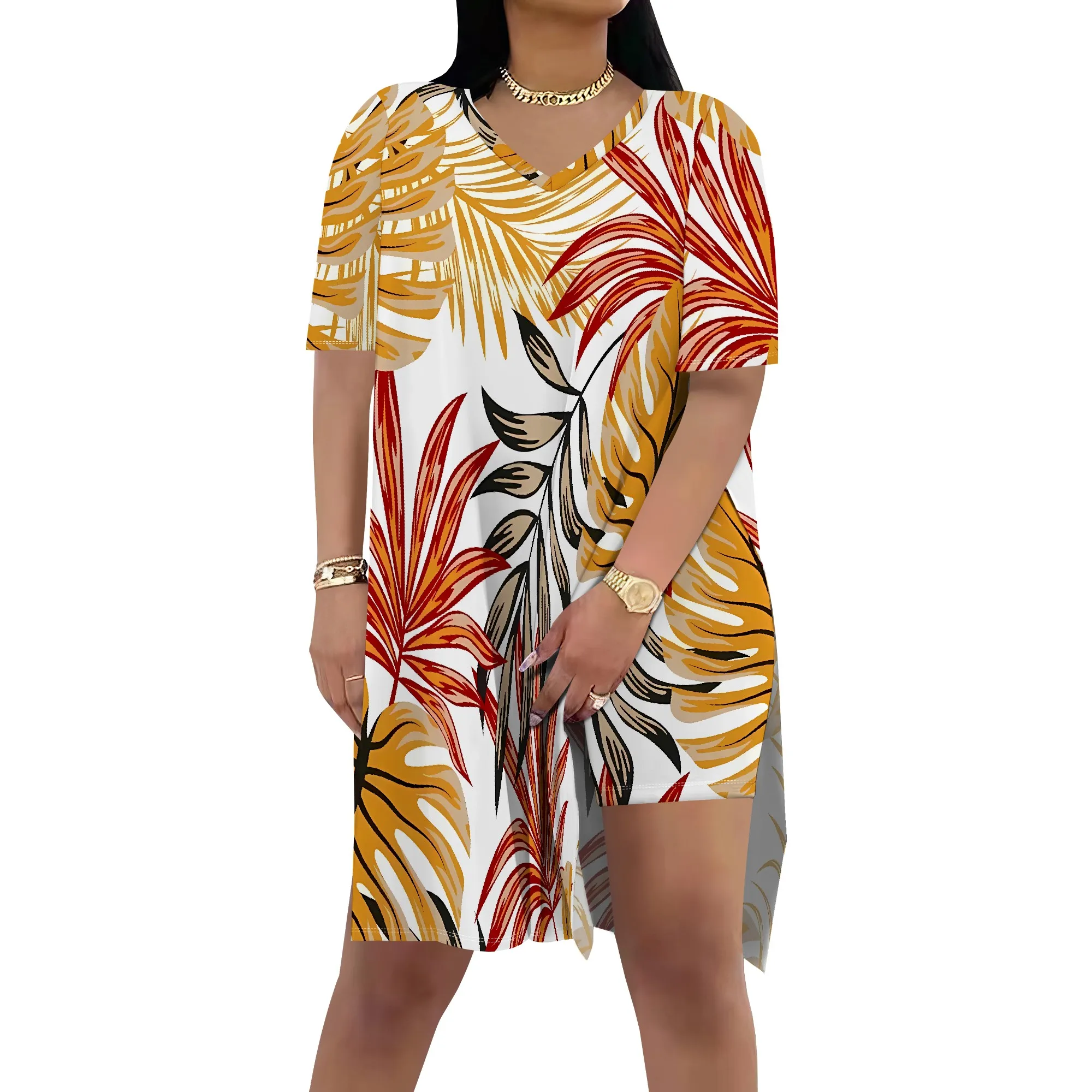 Nupusa ชุดเดรสพิมพ์ลายดอกไม้เขตร้อนสําหรับผู้หญิงฤดูร้อนลําลองคอวีแขนสั้นชุด