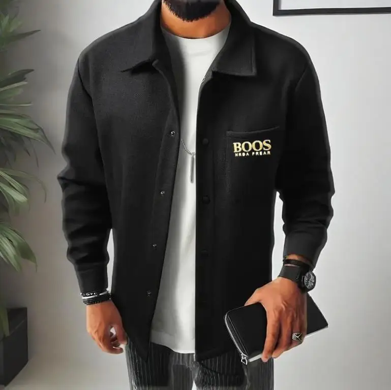 

Gold Logo Men's Warm Brushed Jacket Lapel Button-Down Casual Coat for Autumn Winter Business with Pocketmen's clothingworkout cl