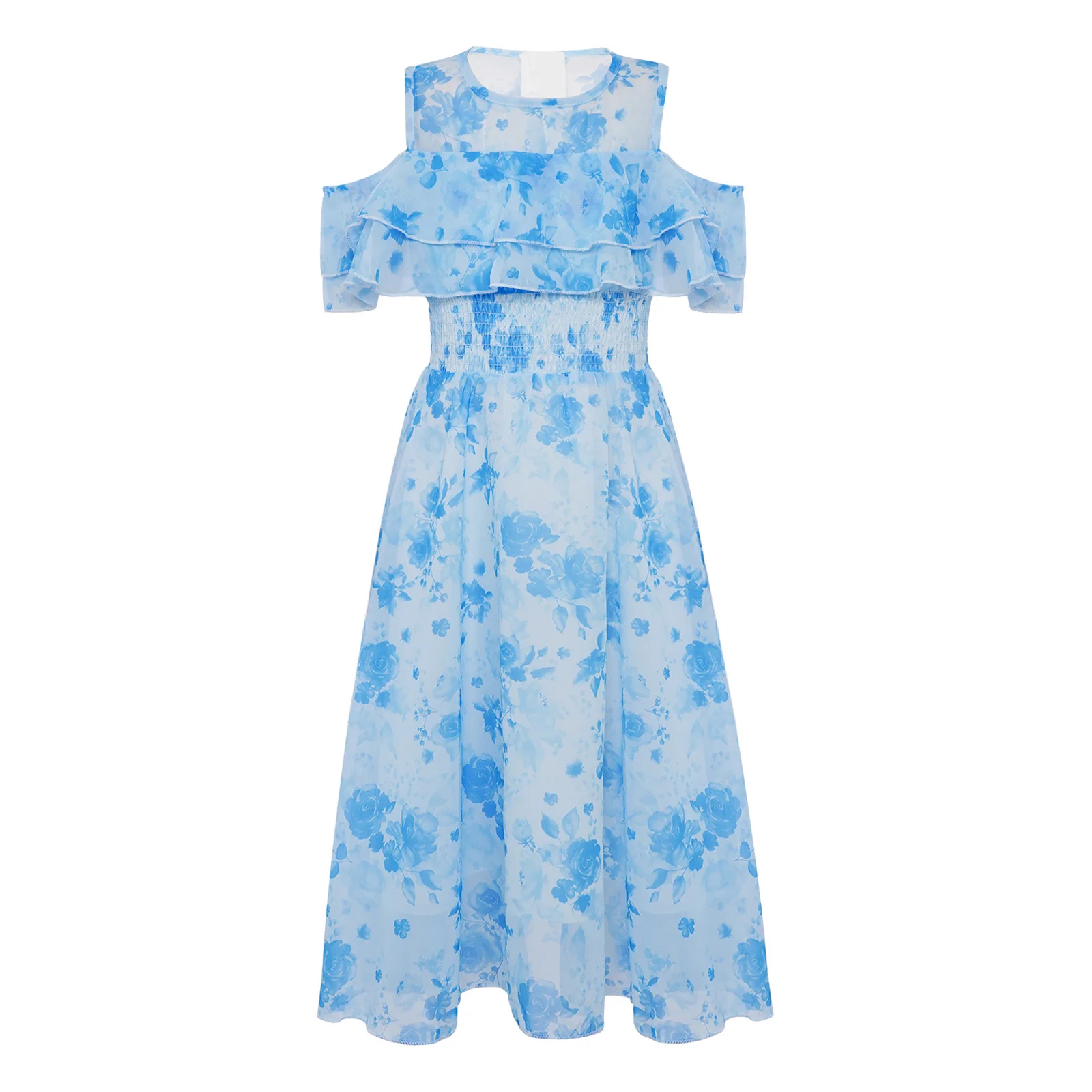 

Kids Girls Chiffon Dress Summer Sundress Cold Shoulder Ruffled Sleeves Round Neck Zipper Maxi Dresses for Wedding Birthday Party