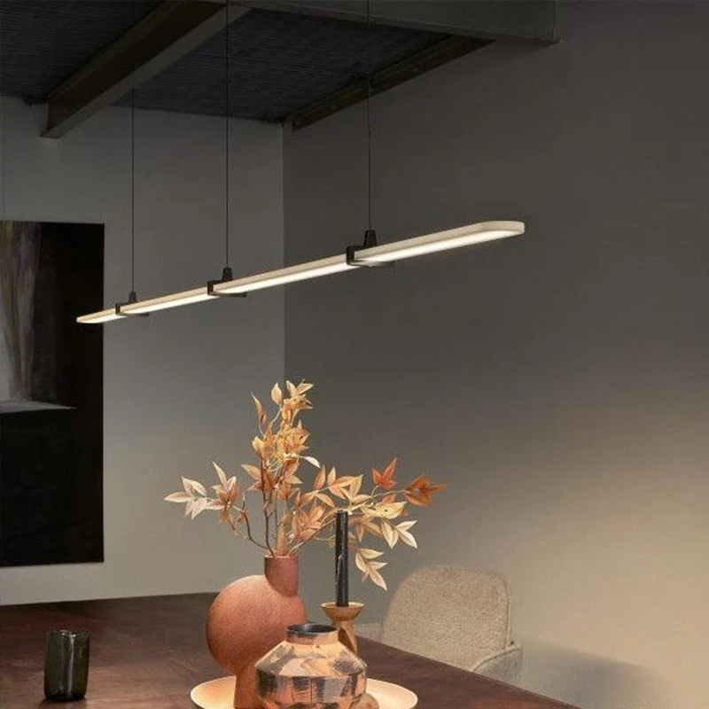 

Post-Modern White Ceiling Pendant Lamp For Dining Room Kitchen Table Island Simple Long Strip Design Hanging Chandelier